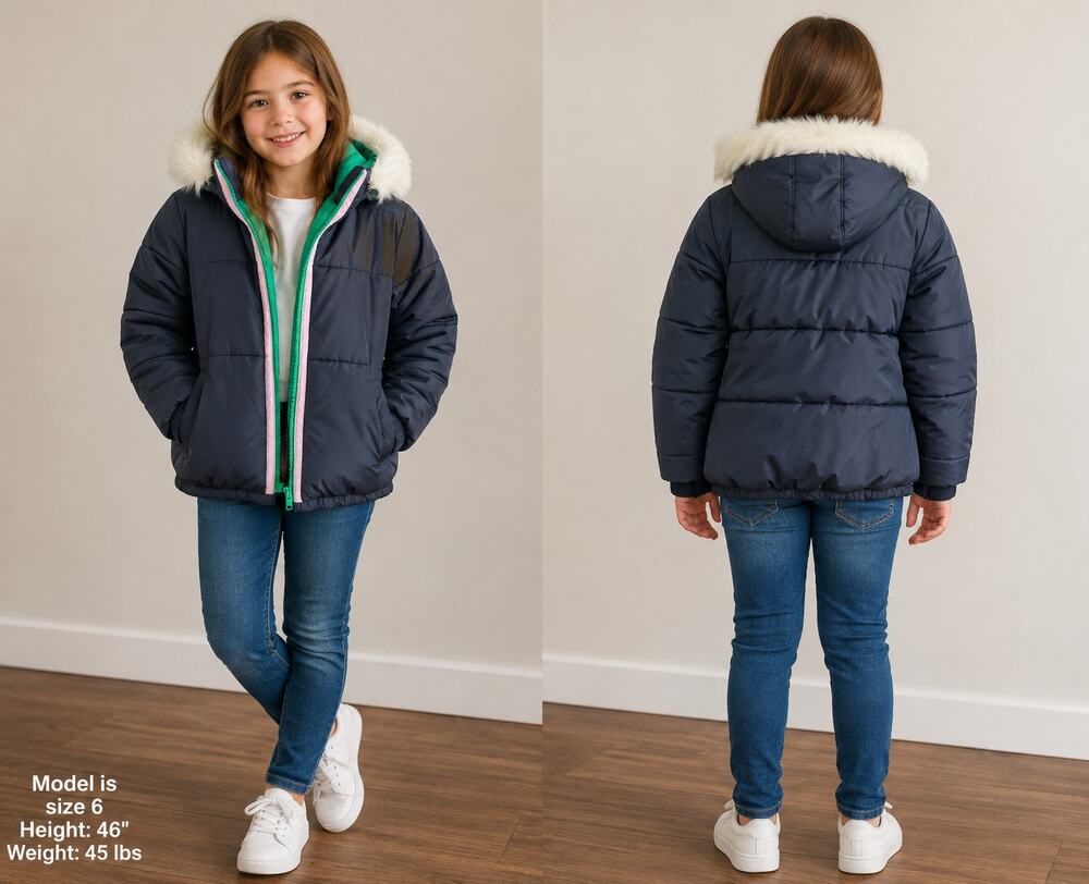 TOPSHOP Women's US 6 Navy Puffer Jacket Faux Fur Hood Green Lining Winter Coat
